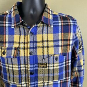 G-Star RAW Denim Snap Button Up Flannel Shirt Mens Large Blue Plaid Streetwear